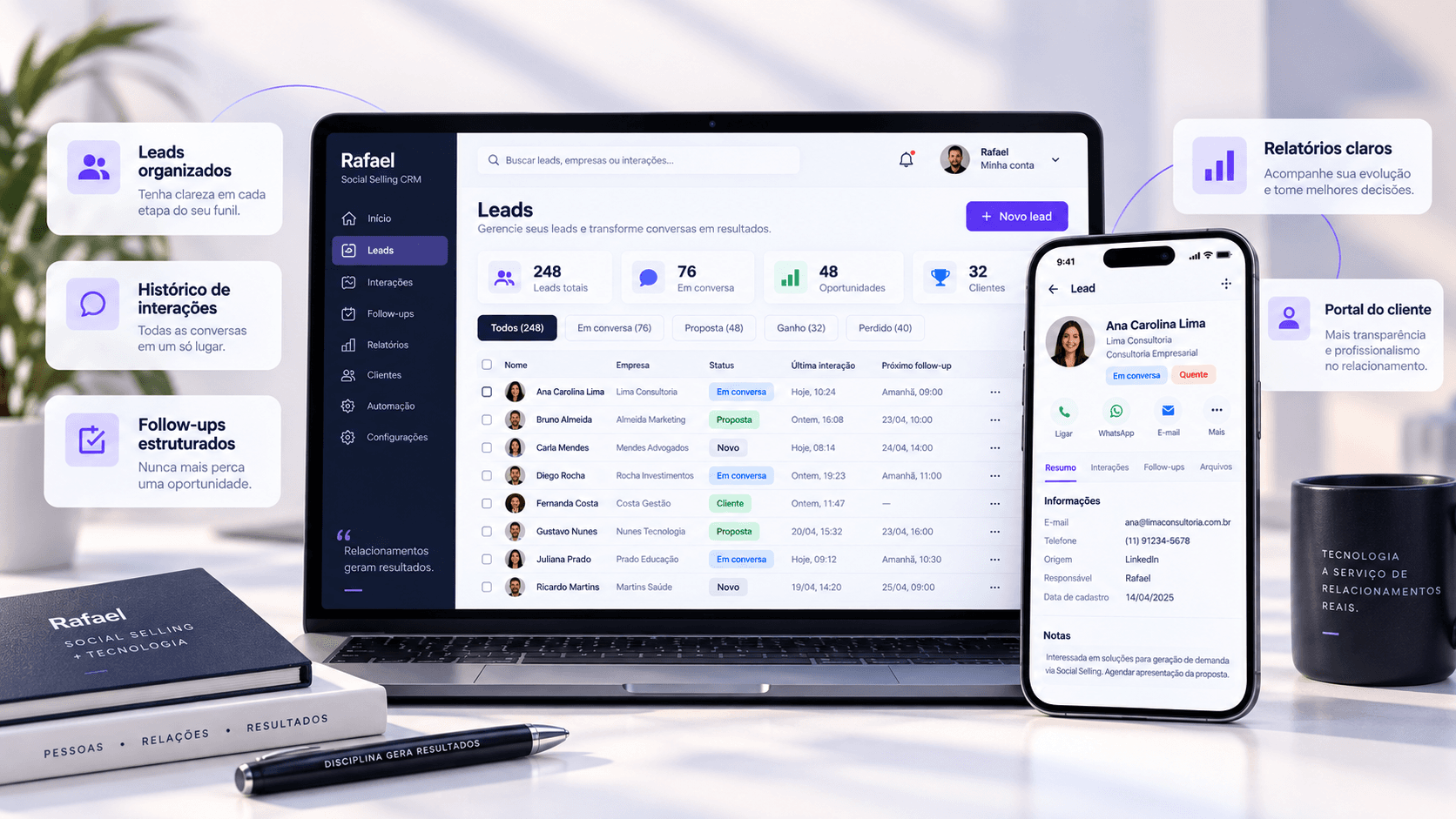 Composição ilustrativa do Social Selling CRM em notebook e celular, com organização de leads, interações, follow-ups, relatórios e portal do cliente.